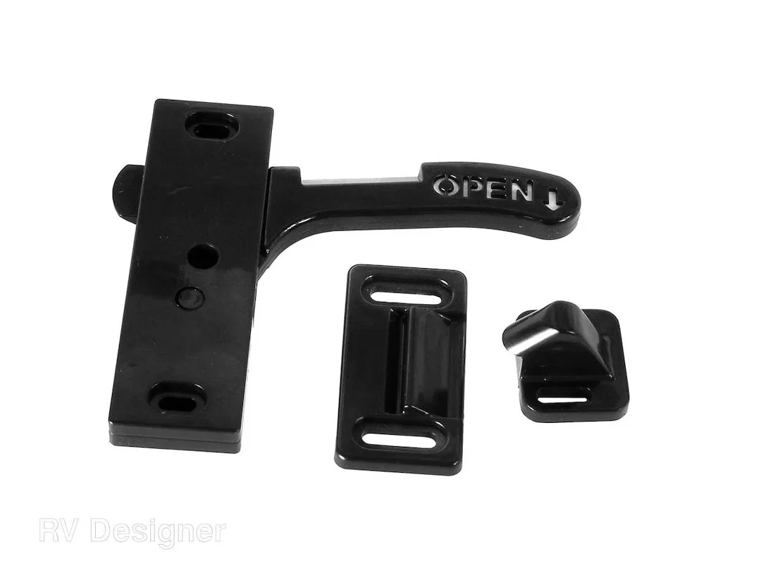 E285 – RV DESIGNER Screen Door Latch, For RV Designer Amerimax Style Screen Doors Right Hand Opening Black With Faste...